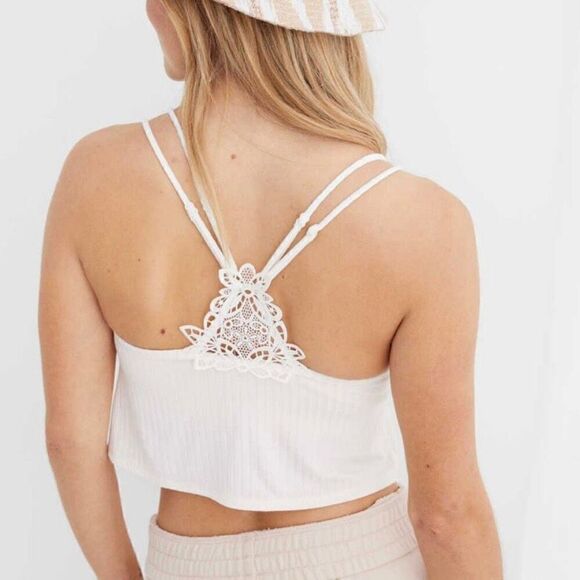 Aerie White Ribbed Lace Appliqué Back Crop Top Bralette NWT Size Medium - Picture 3 of 9